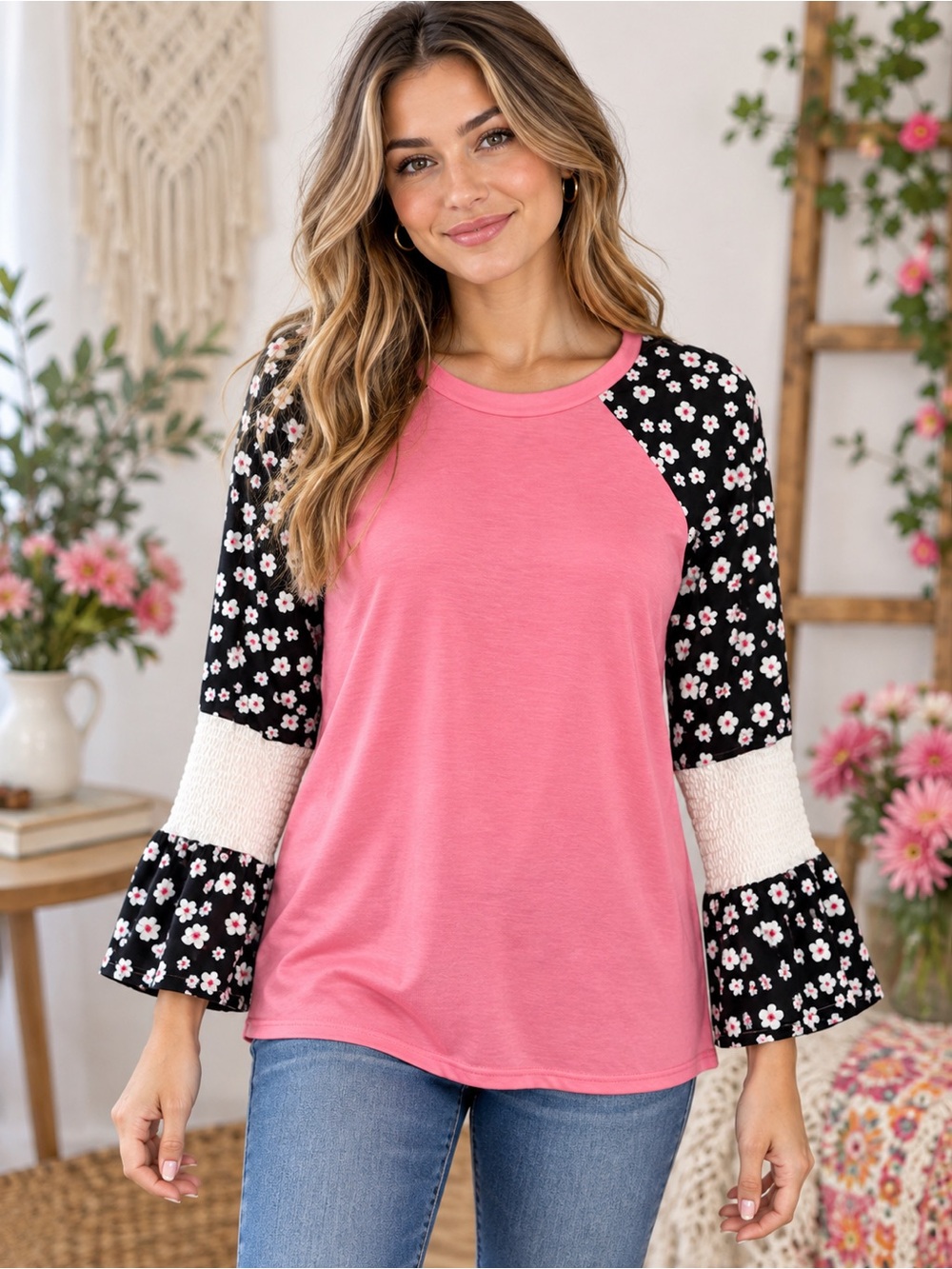 366 NWT Simply Southern Pink Raglan Top with Floral Bell Sleeves Size Small